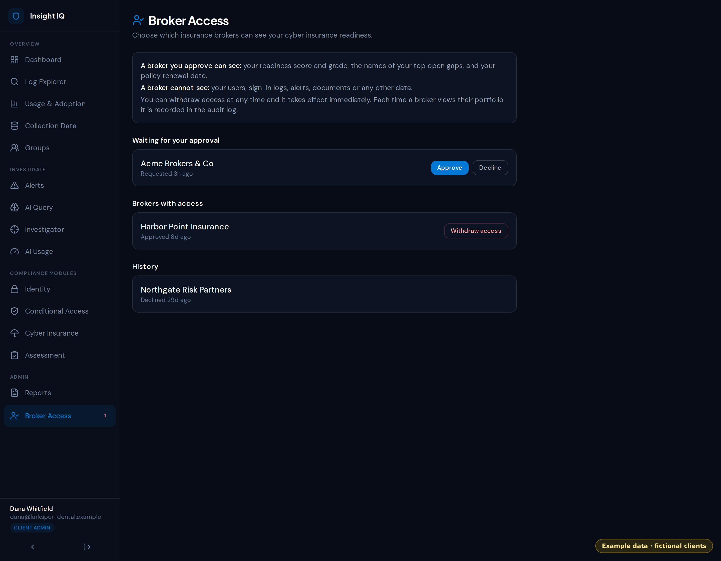 The Broker Access page in the client's Insight IQ, showing a fictional broker's pending request with Approve and Decline buttons, a broker that already has access with a Withdraw access button, and a declined request in the history